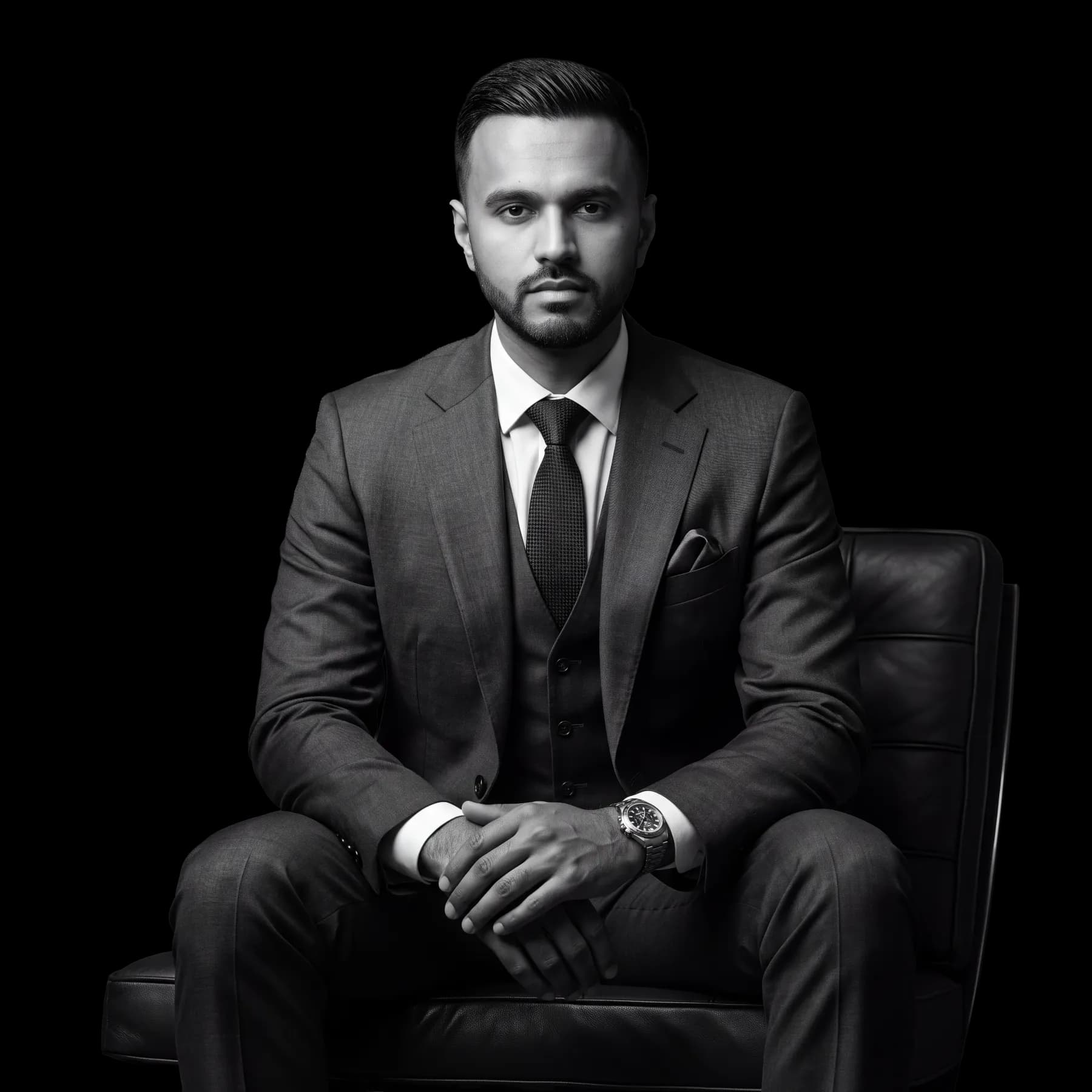 Ajmal Gholzad seated in a suit